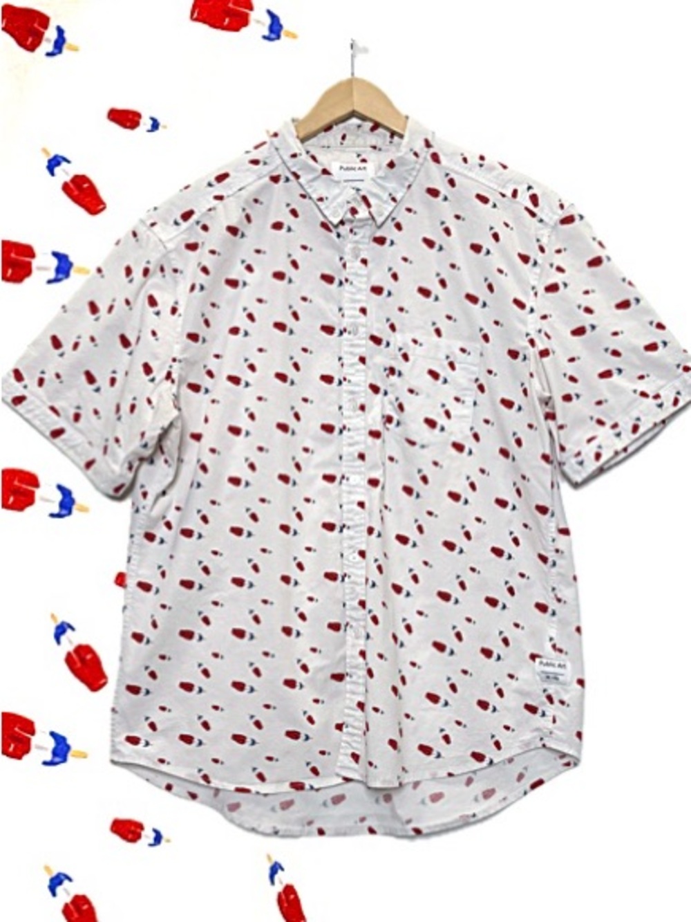 Public Art Men Firecracker Popsicle Print Short Sleeve Button Down Shirt Size XL